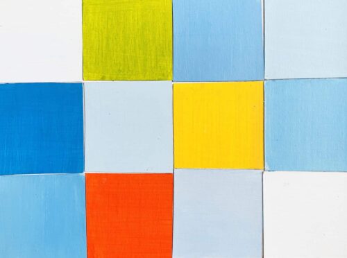 Abstraktes Acrylbild Rotes Quadrat mit Blau und Gelb