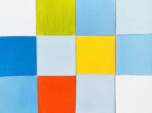 Abstraktes Acrylbild Rotes Quadrat mit Blau und Gelb