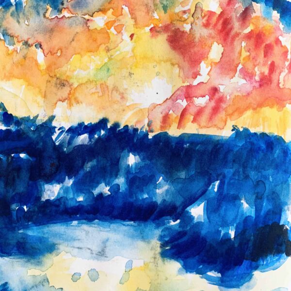Abstraktes Ölgemälde auf Leinwand farbige Landschaft mit Sonne
