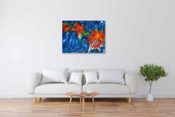Modernes Acryl Gemälde rote Blumen mit Blau wandbilder
