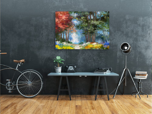 Wandbilder & Bilder Shop Landschaftsmalerei im Wald mit Blumen