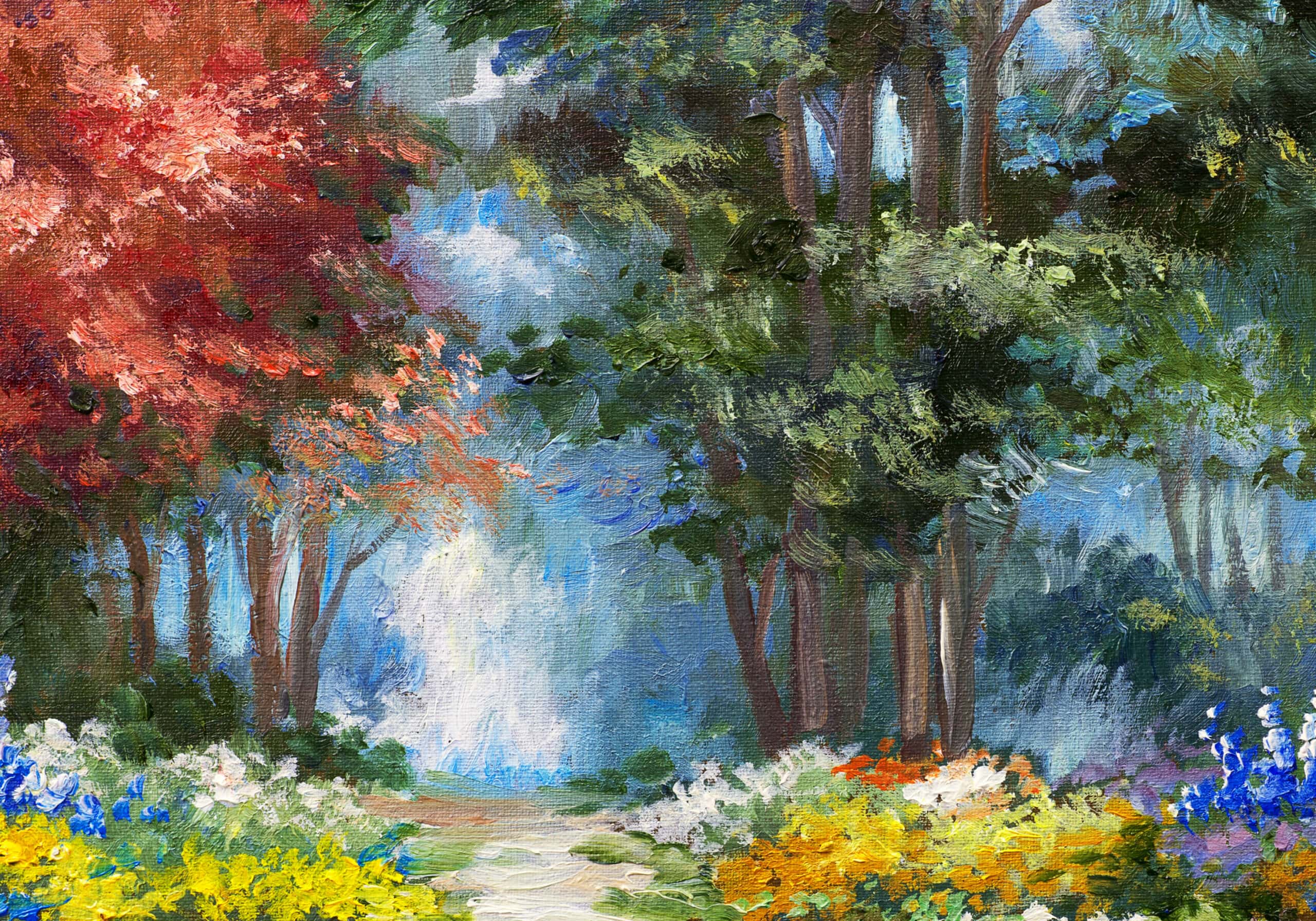 Leinwandbild Landschaftsmalerei im Wald mit Blumen